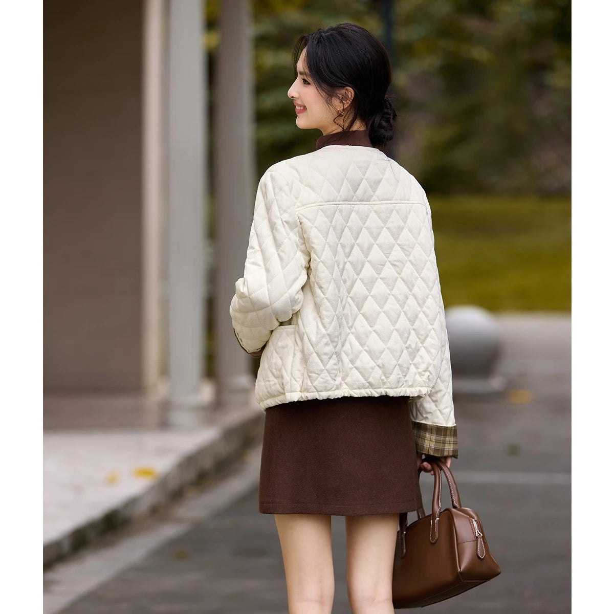 Plaid-Cuff Quilted Cropped Jacket