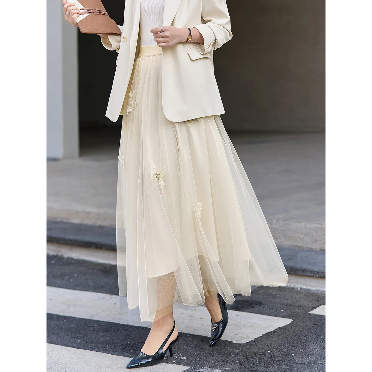 Butterfly-Embroidered Mesh Midi Skirt