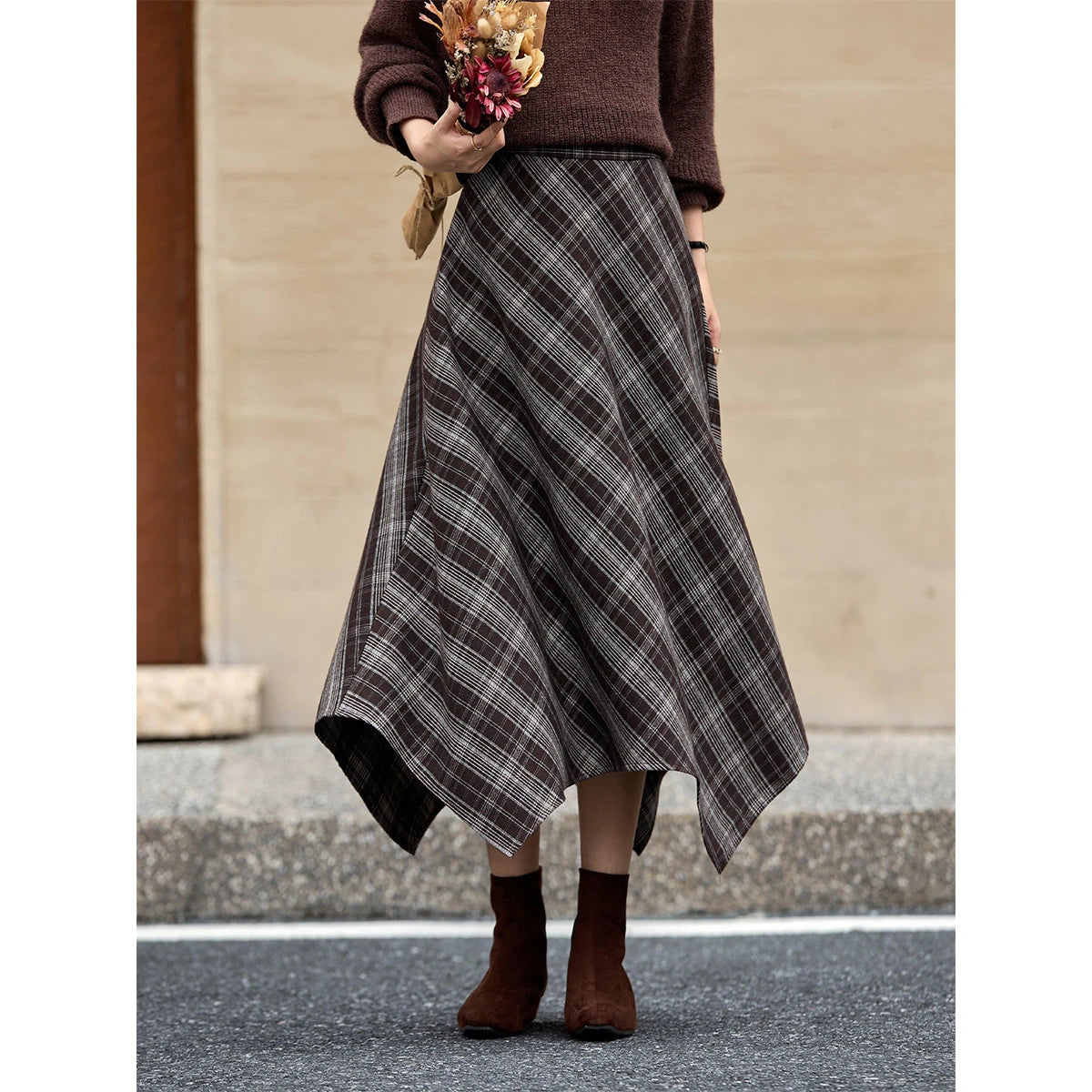 Handkerchief-Hem Plaid Midi Skirt