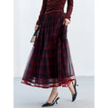 Red Plaid Mesh Tiered Midi Skirt