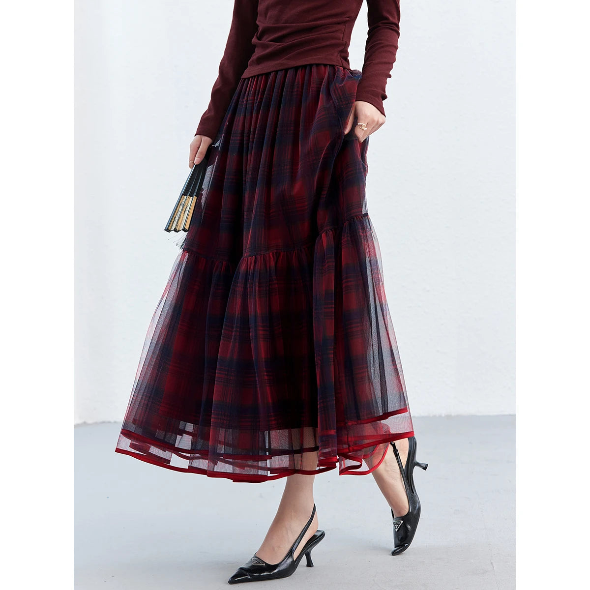 Red Plaid Mesh Tiered Midi Skirt