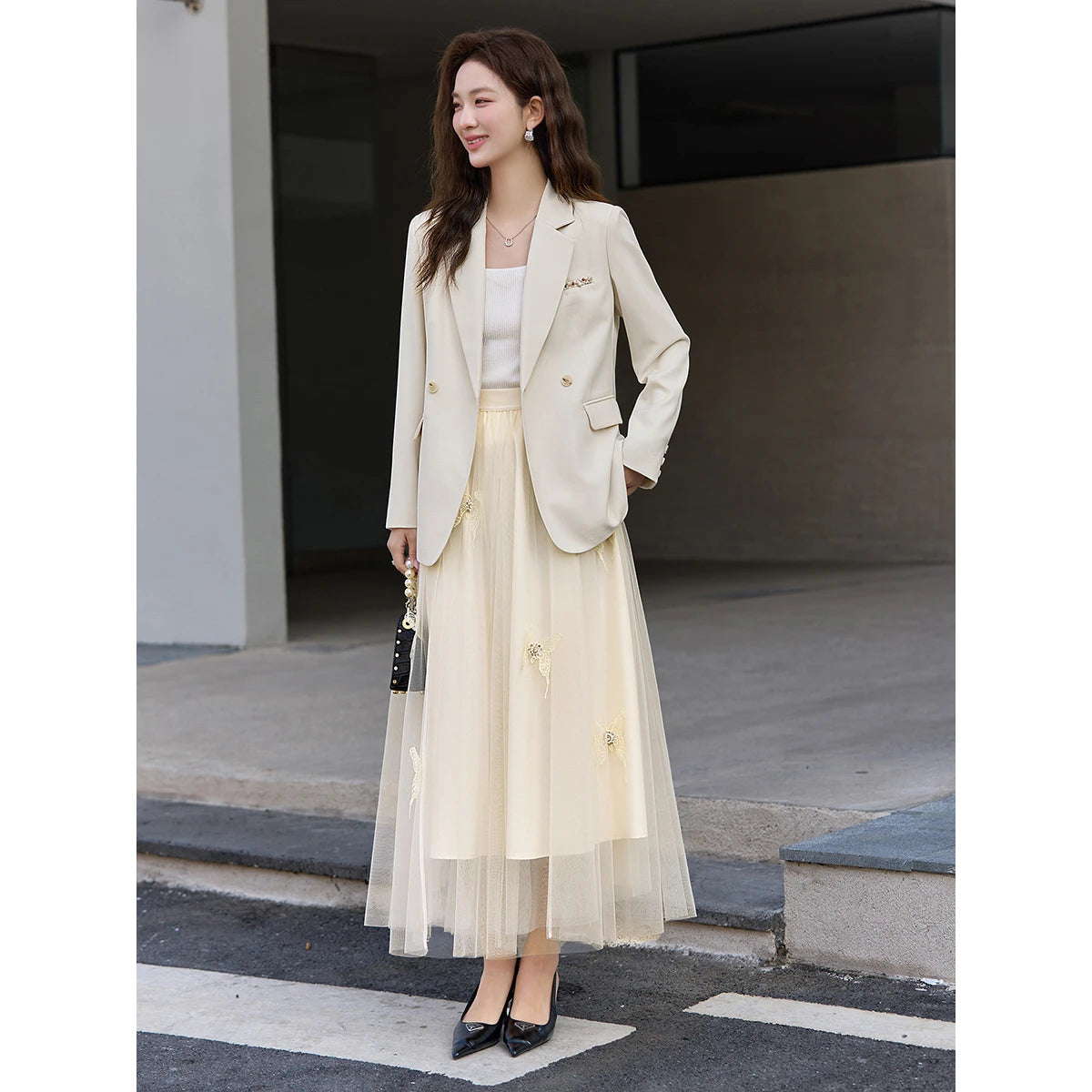 Butterfly-Embroidered Mesh Midi Skirt