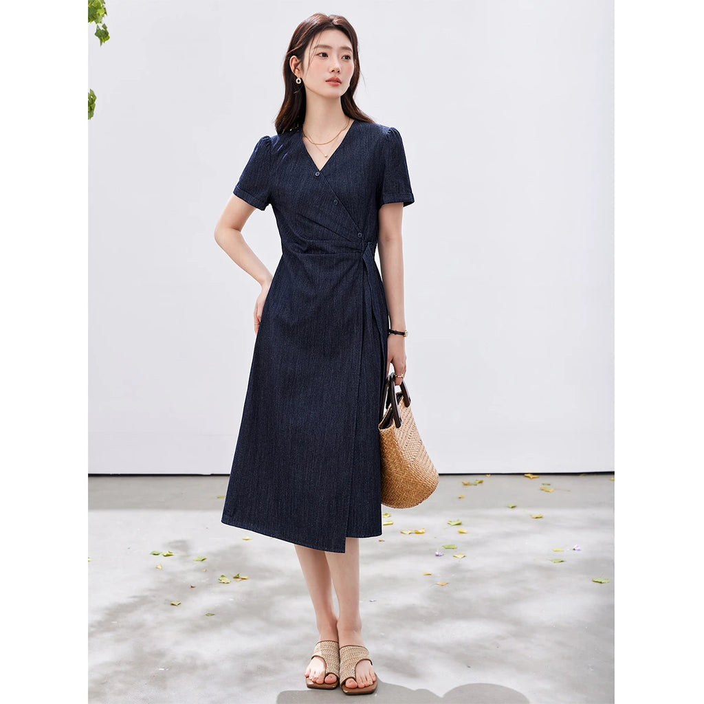 Tie-Waist V-Neck Denim Midi Dress