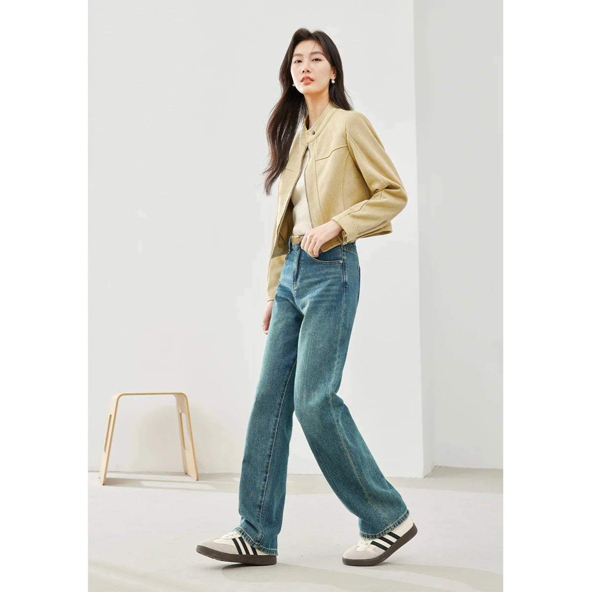Zip-Front Collarless Cropped Jacket