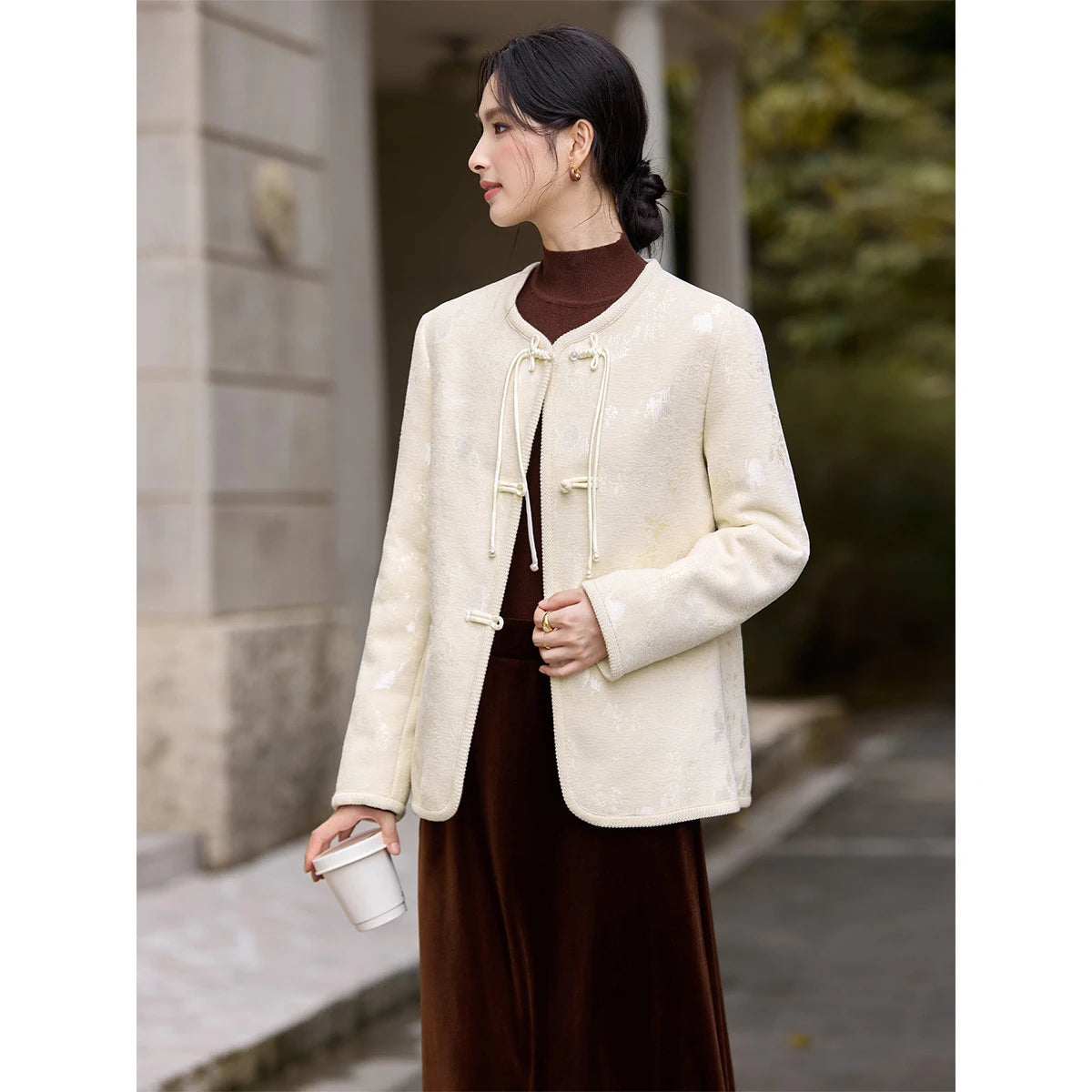 Jacquard Frog-Button Collarless Jacket