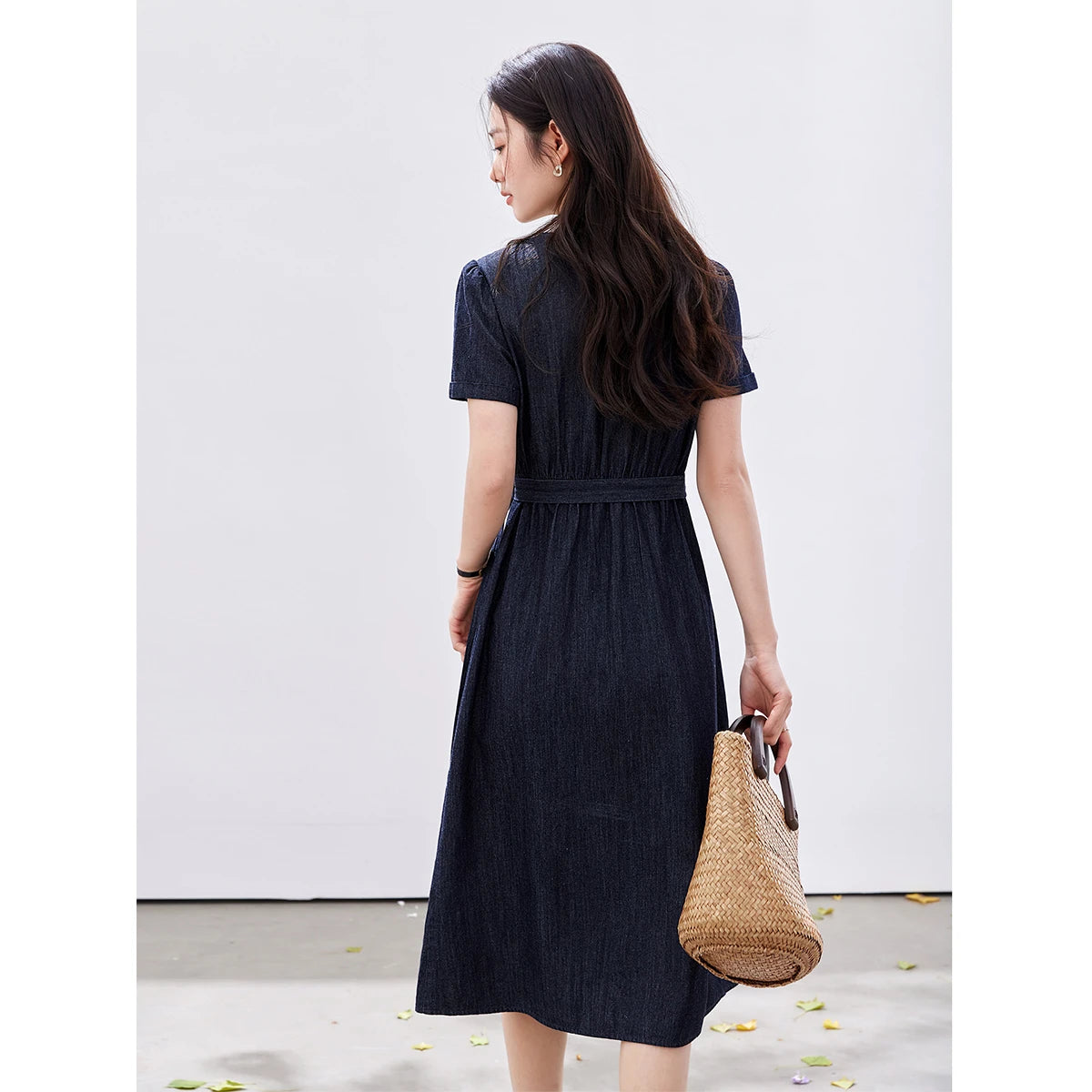 Tie-Waist V-Neck Denim Midi Dress