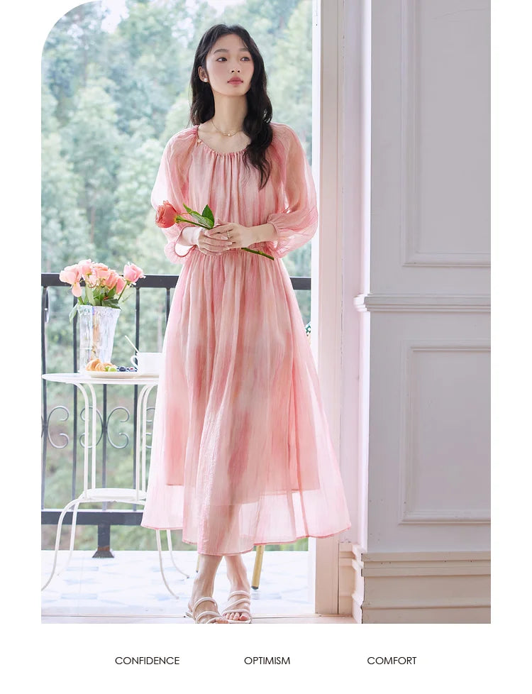 Smudged-Print Puff-Sleeve Midi Dress