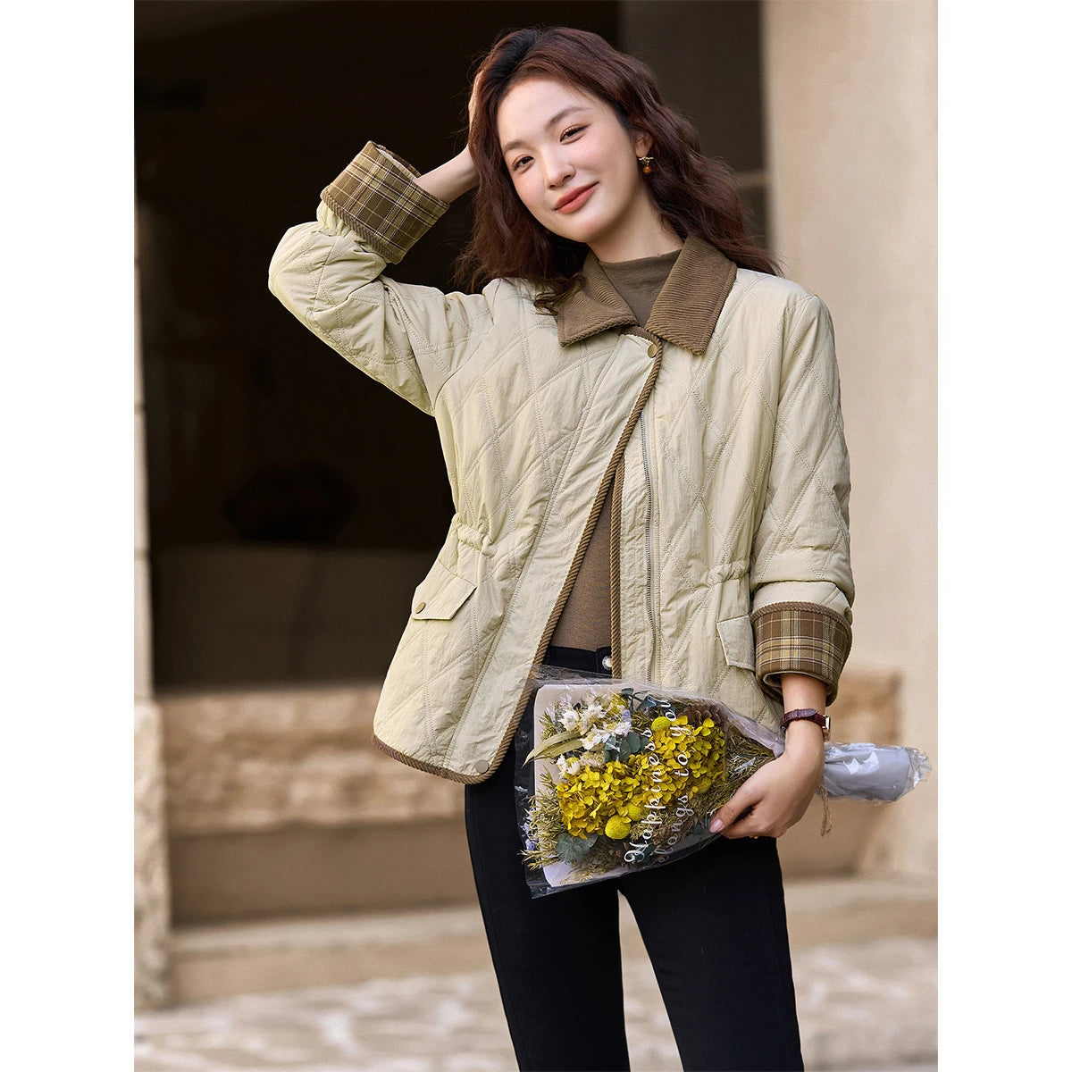 Contrast-Collar Quilted Utility Jacket