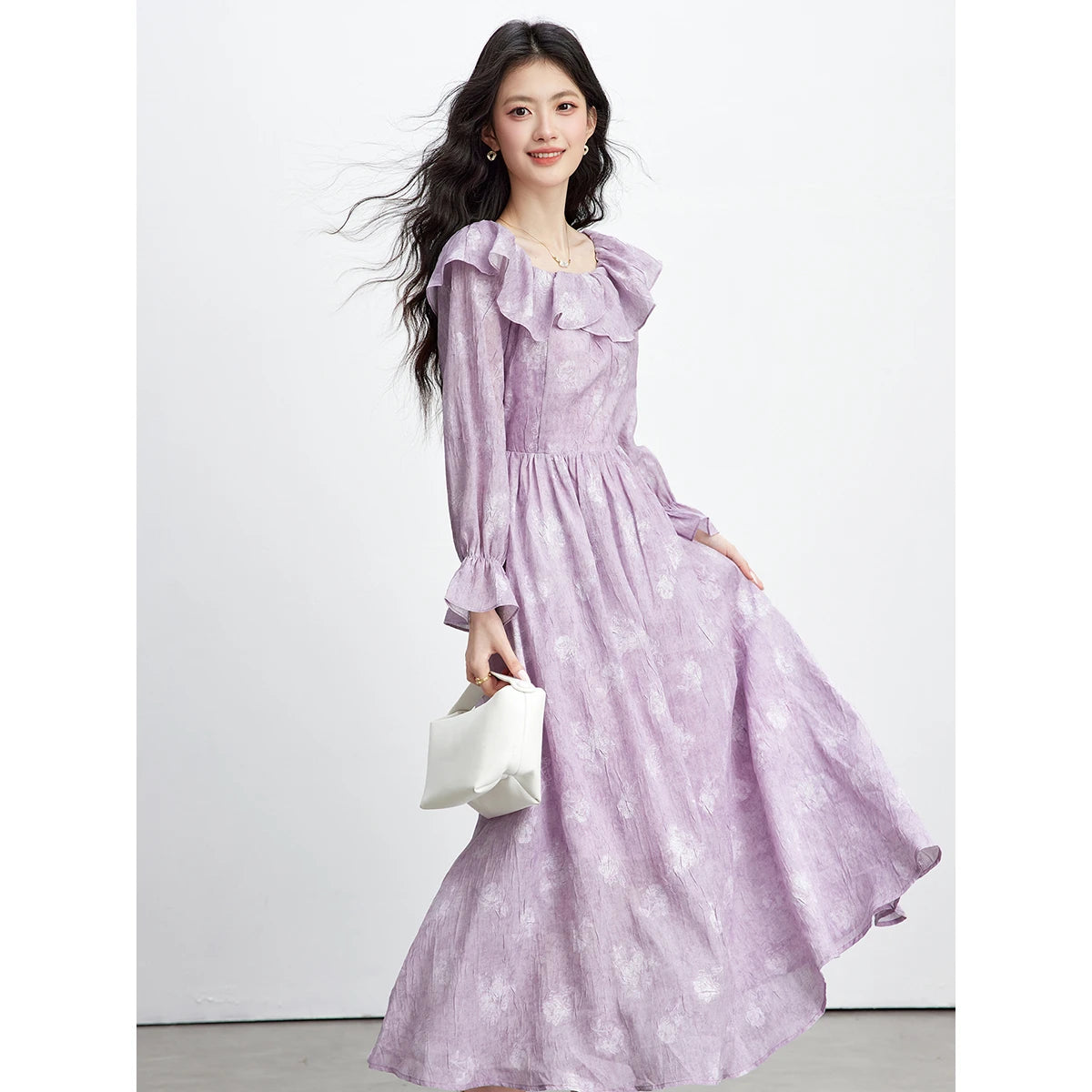 Floral Ruffle-Collar Midi Dress
