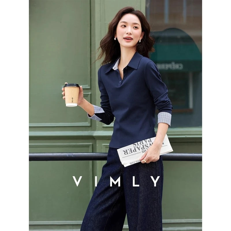 Contrast-Cuff Collared Long-Sleeve Top