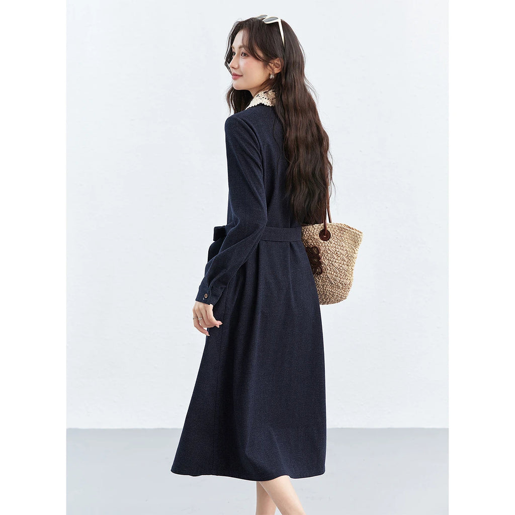 Lace-Collar Belted Midi Dress