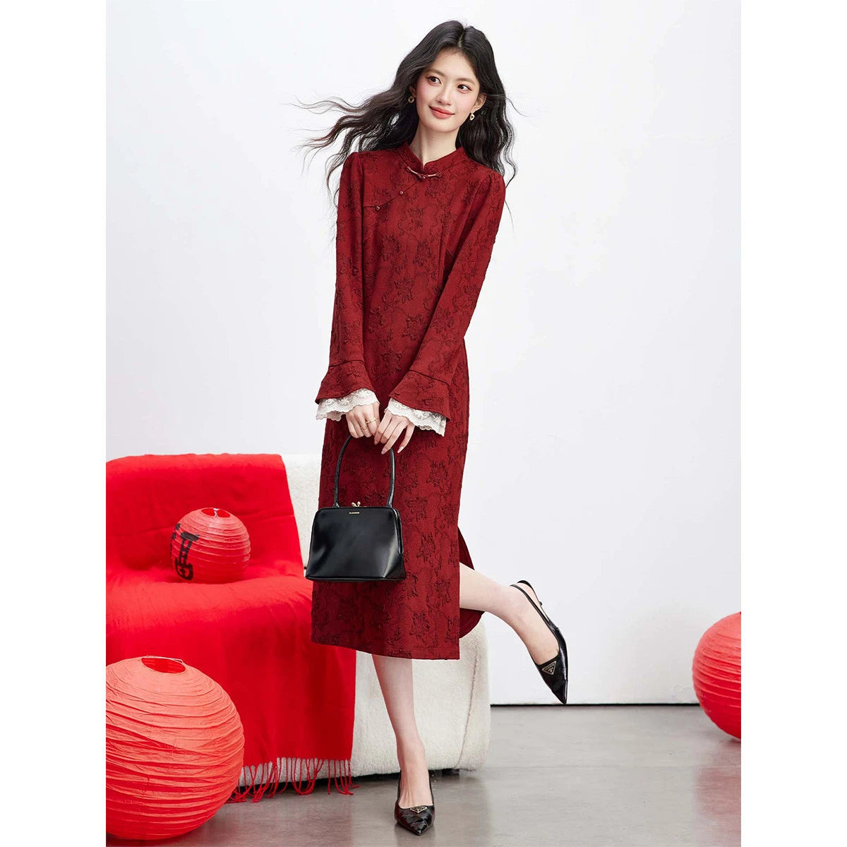 Jacquard Mandarin-Collar Midi Dress