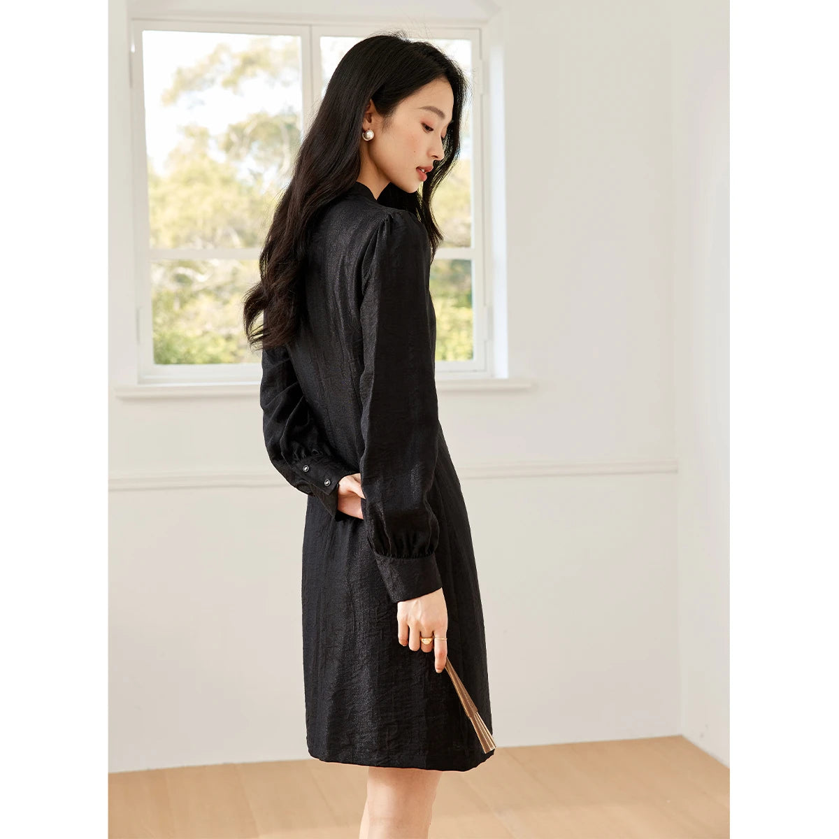 Jacquard Lantern-Sleeve Midi Dress