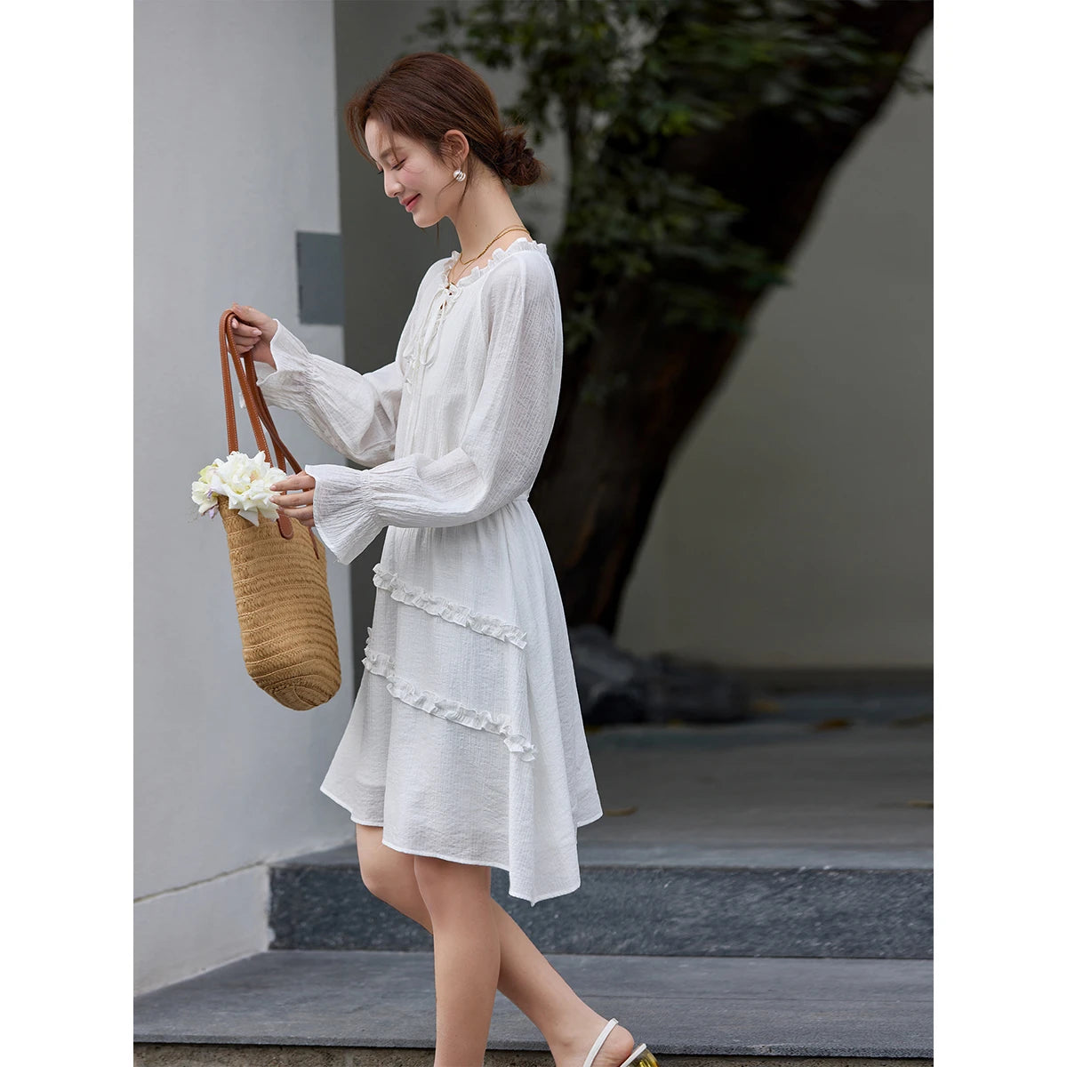 Asymmetric Ruffle-Hem Mini Dress