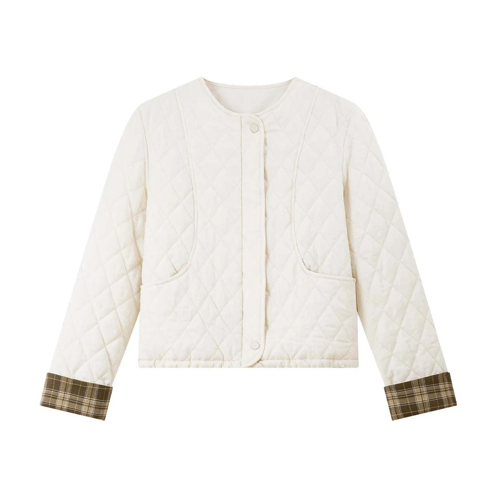 Plaid-Cuff Quilted Cropped Jacket
