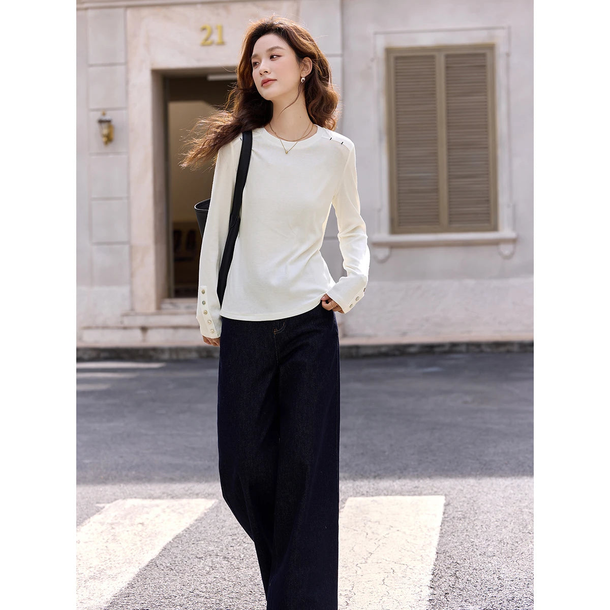 Button-Cuff Crew-Neck Long-Sleeve Tee