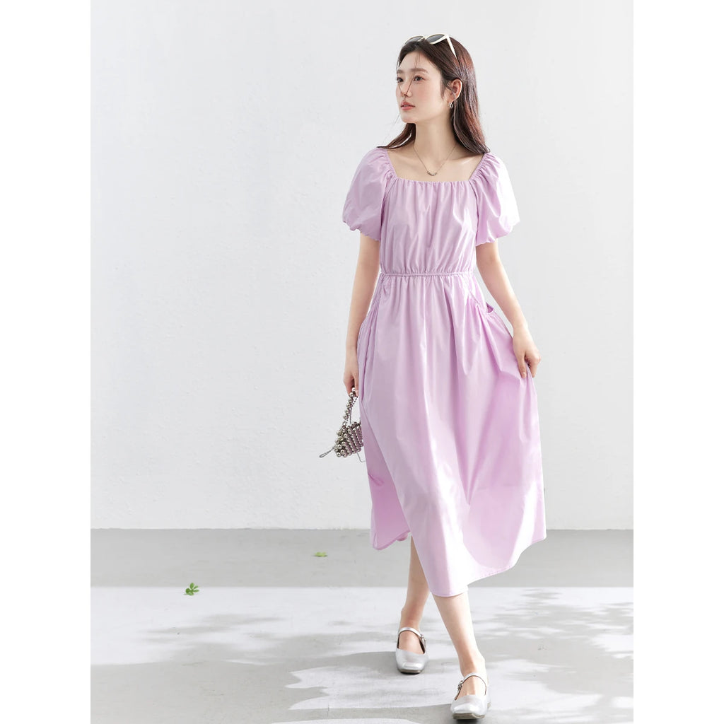 Square-Neck Puff-Sleeve Midi Dress