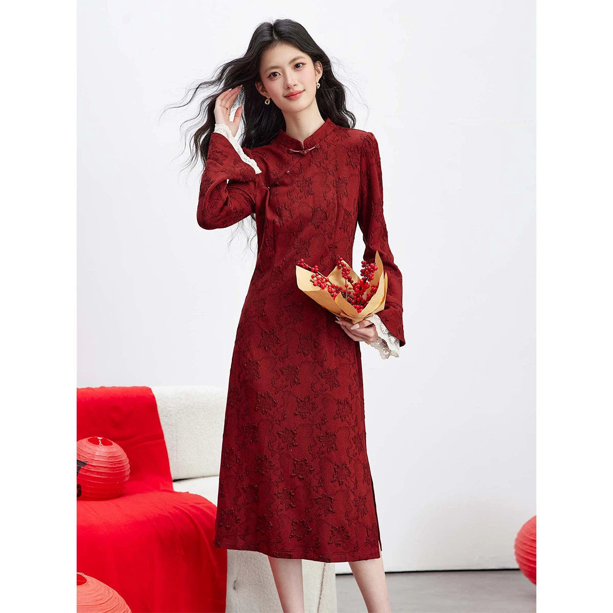 Jacquard Mandarin-Collar Midi Dress