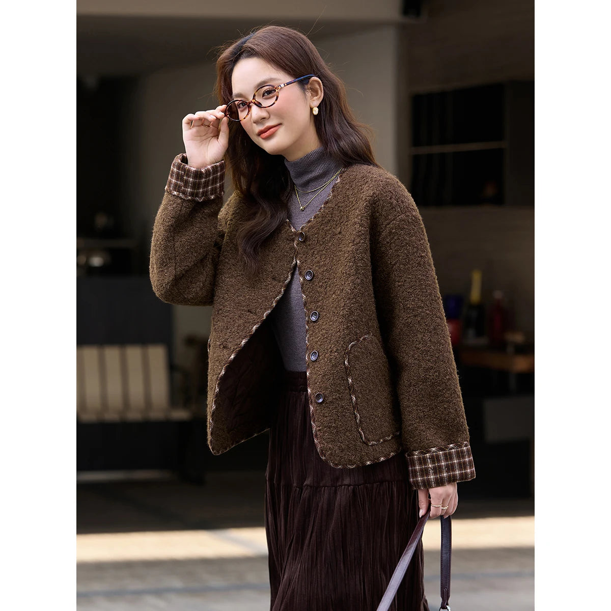 Contrast-Trim Collarless Cropped Jacket