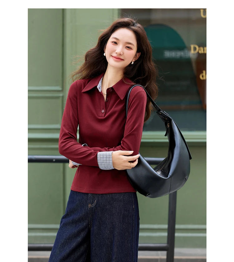Contrast-Cuff Collared Long-Sleeve Top