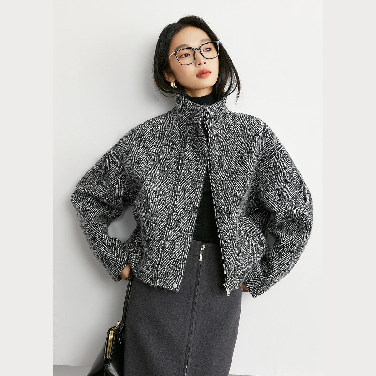 Herringbone Stand-Collar Cropped Jacket