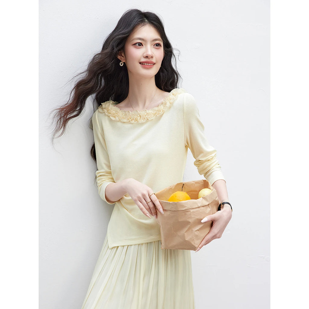 Asymmetric Ruffle-Neck Long-Sleeve Top