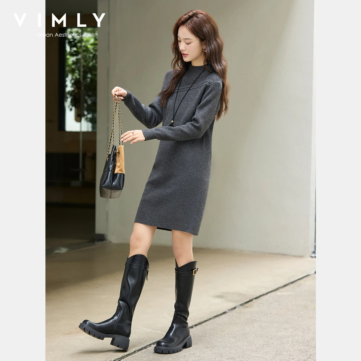 Paneled Mock-Neck Midi Dress