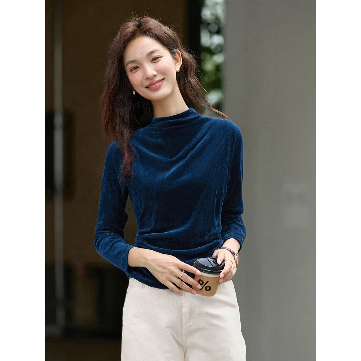 Velvet Ruched Mock-Neck Long-Sleeve Top
