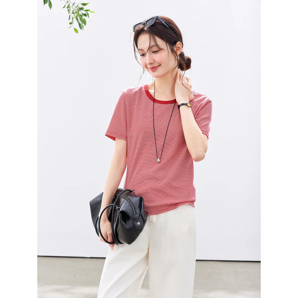 Micro-Stripe Contrast-Collar Tee