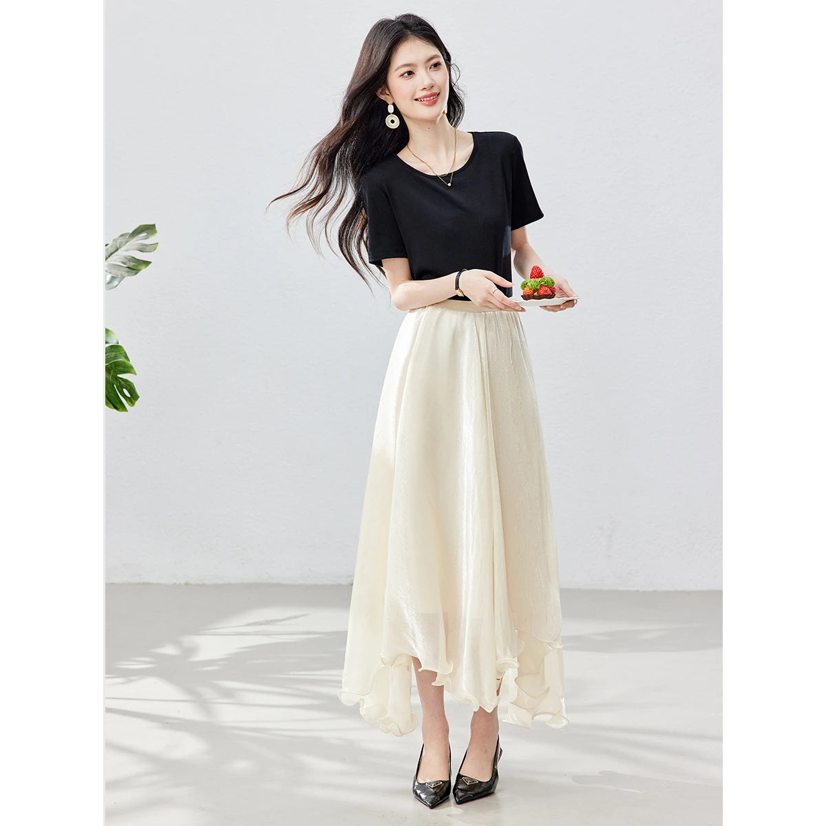 Asymmetric Ruffle-Hem Midi Skirt