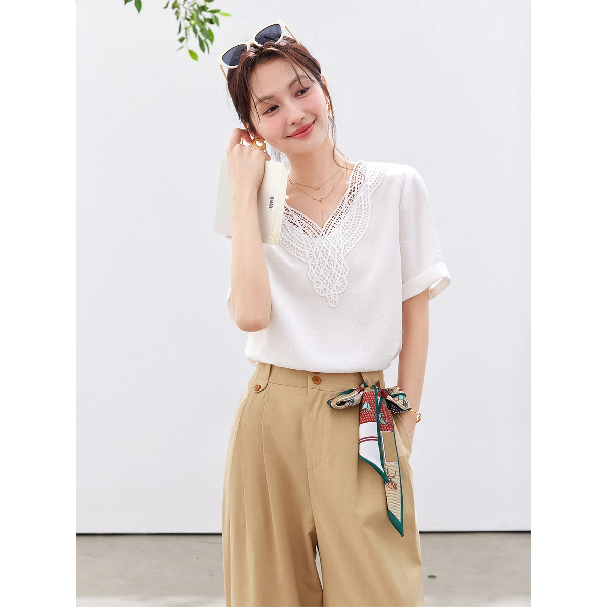 Lace-Trim V-Neck Tee