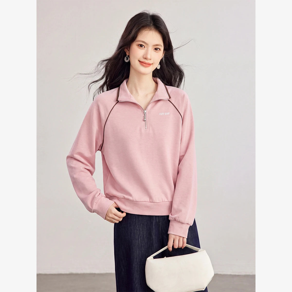 Half-Zip Contrast-Collar Sweatshirt