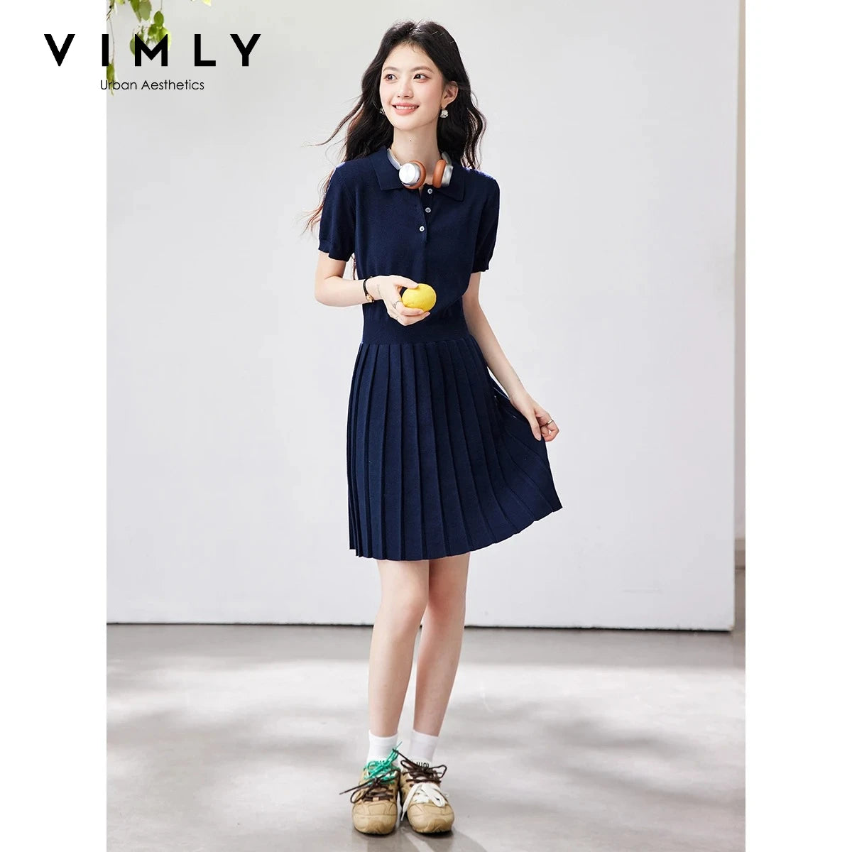 Polo-Collar Pleated Mini Dress
