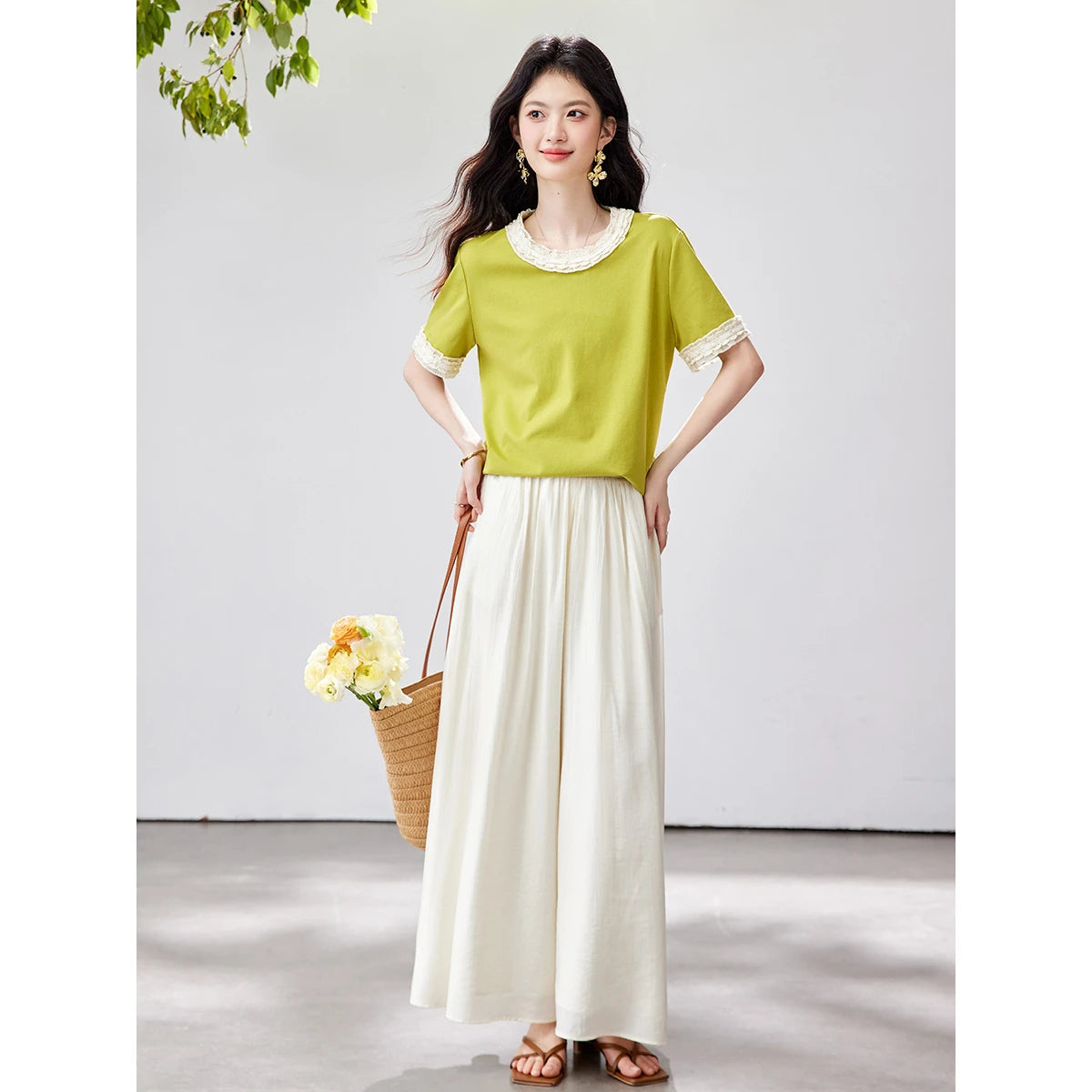 Lace-Trim Crew-Neck Short-Sleeve Tee