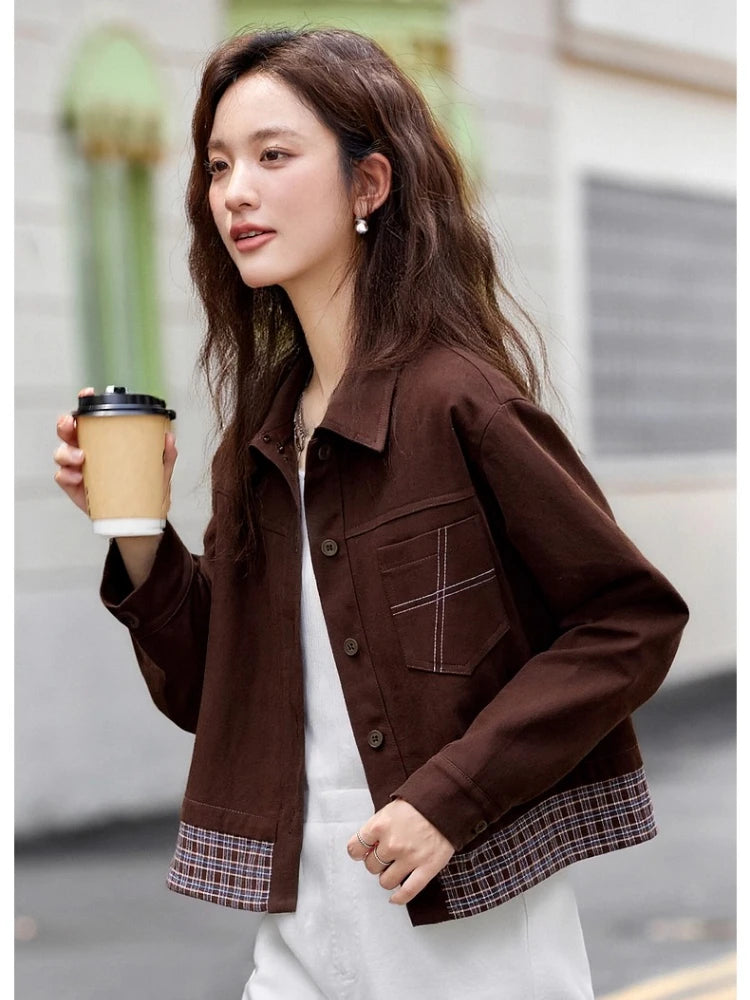 Plaid-Trim Cropped Shirt Jacket