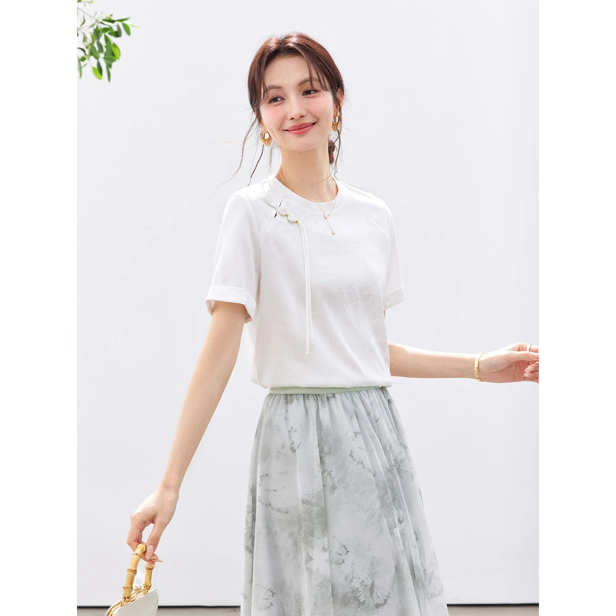 Asymmetric Frog-Button Short-Sleeve Tee