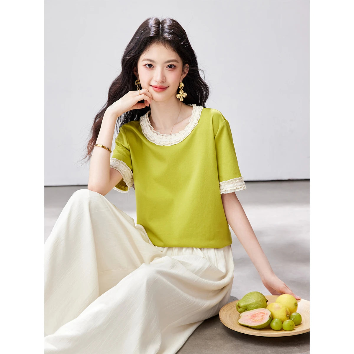 Lace-Trim Crew-Neck Short-Sleeve Tee