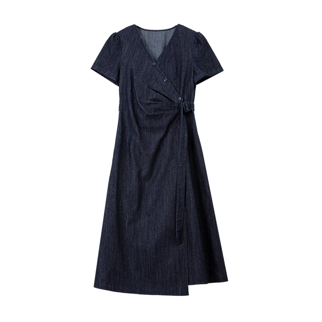 Tie-Waist V-Neck Denim Midi Dress