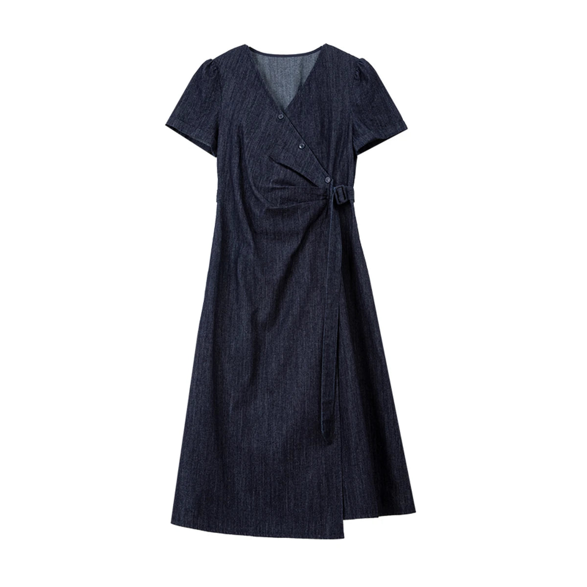 Tie-Waist V-Neck Denim Midi Dress
