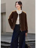 Plaid-Cuff Zip-Front Collarless Jacket