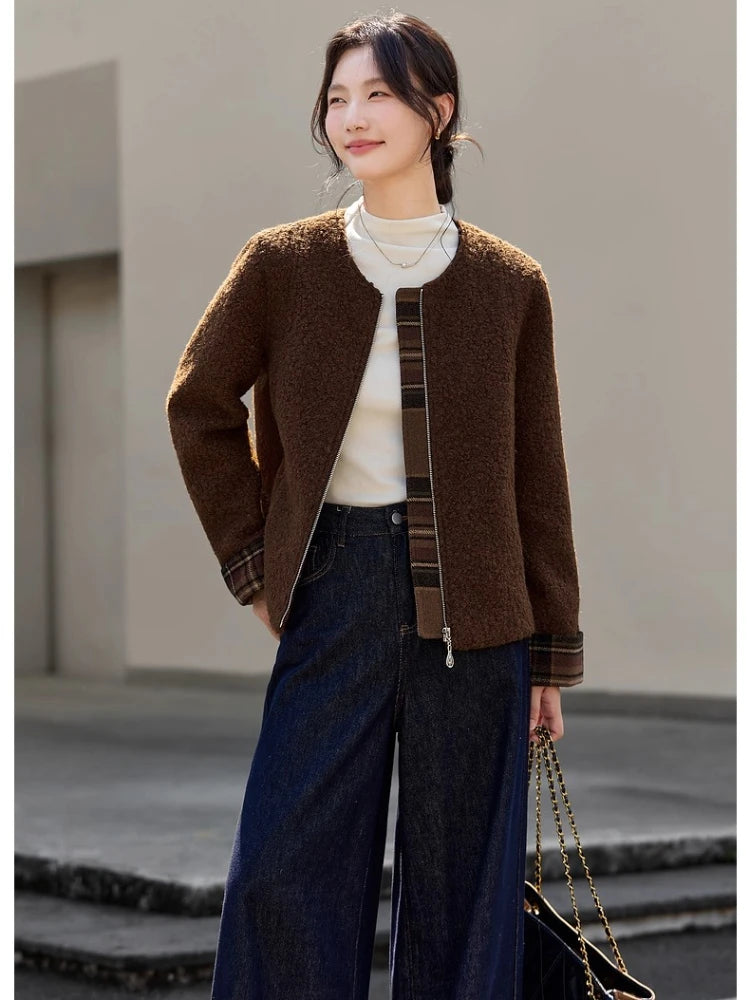 Plaid-Cuff Zip-Front Collarless Jacket