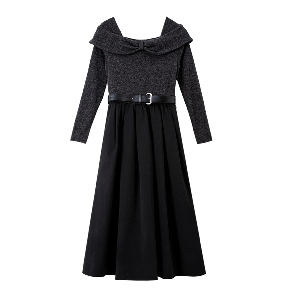 Bow-Collar Belted Midi Dress
