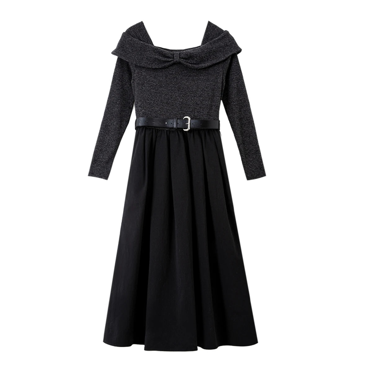 Bow-Collar Belted Midi Dress