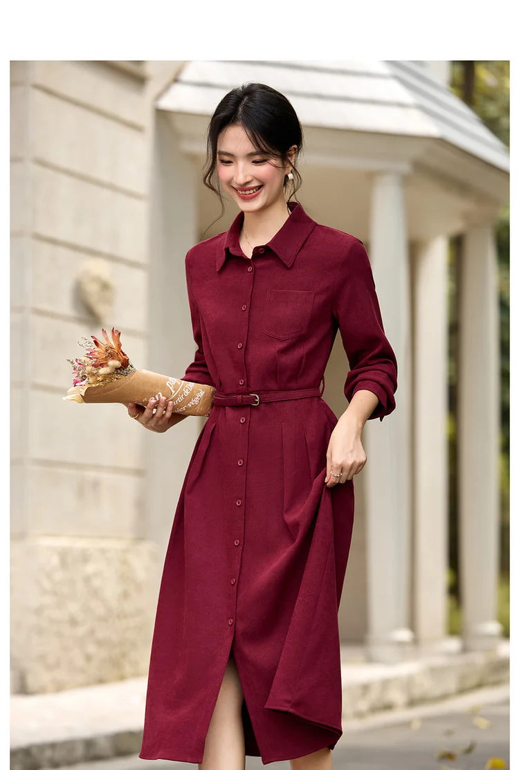Belted Collared Midi Shirt Dress
