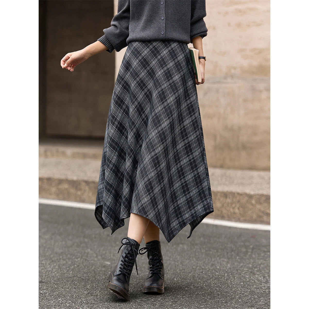 Handkerchief-Hem Plaid Midi Skirt