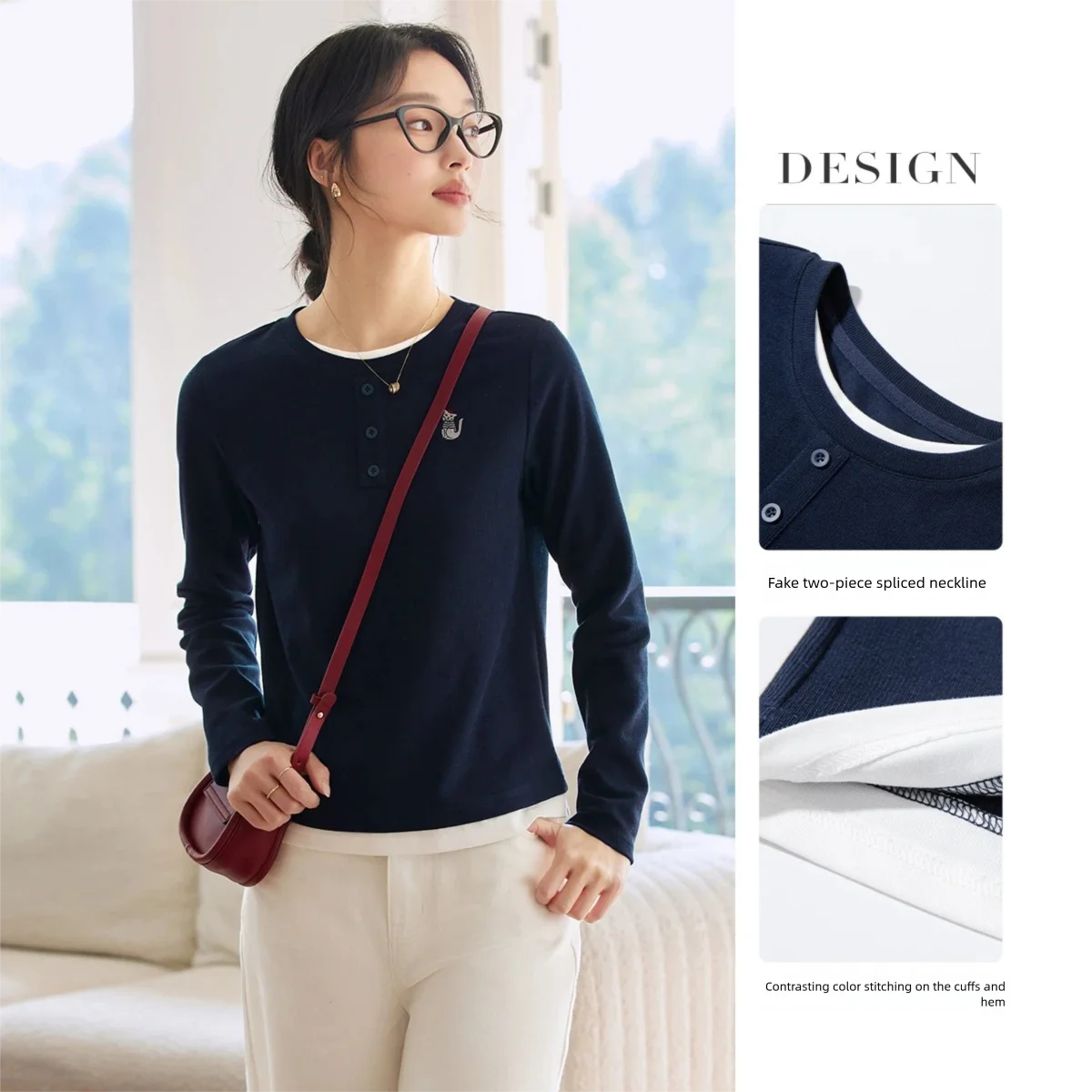 Embroidered Henley Long-Sleeve Top