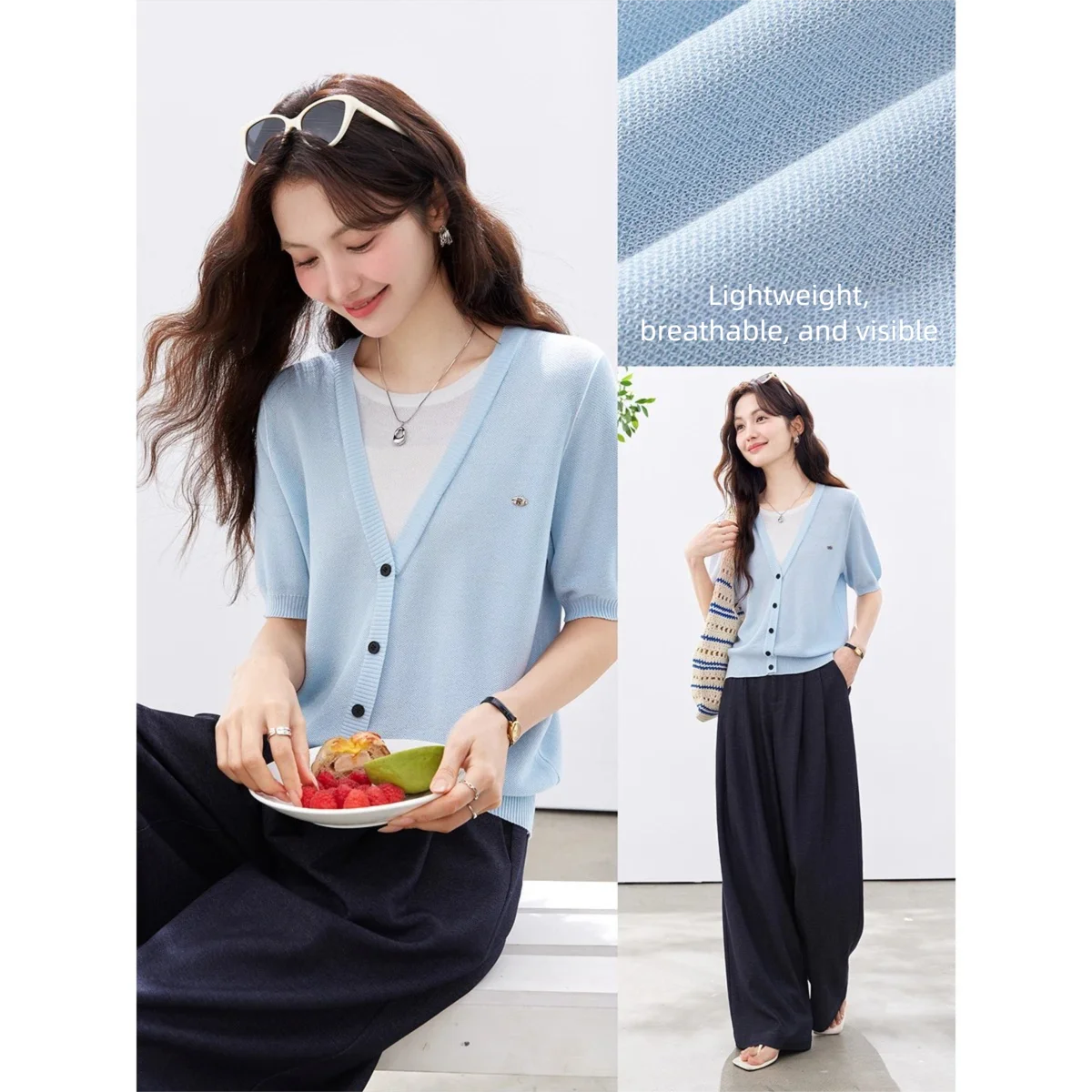 Layered V-Neck Button-Front Knit Top