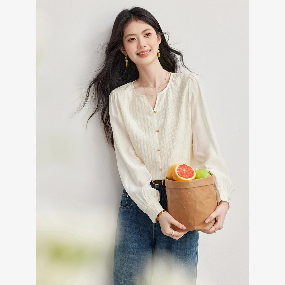 Textured Stripe Button-Front Knit Top