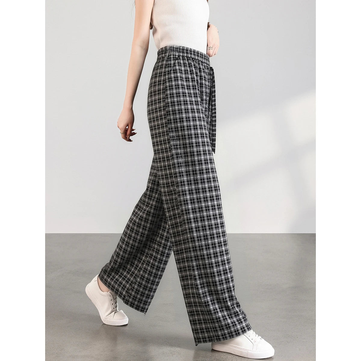 Small-Check Wide-Leg Trousers
