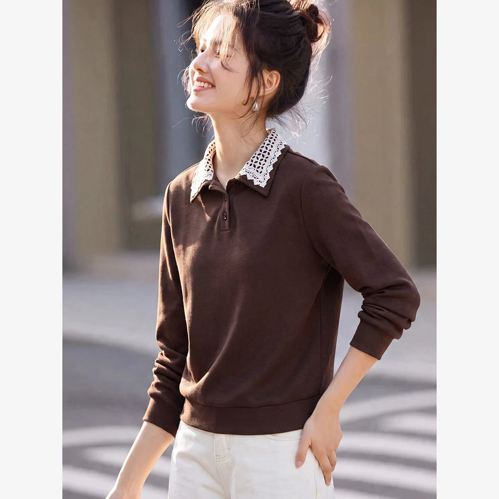 Lace-Collar Long-Sleeve Polo Sweatshirt